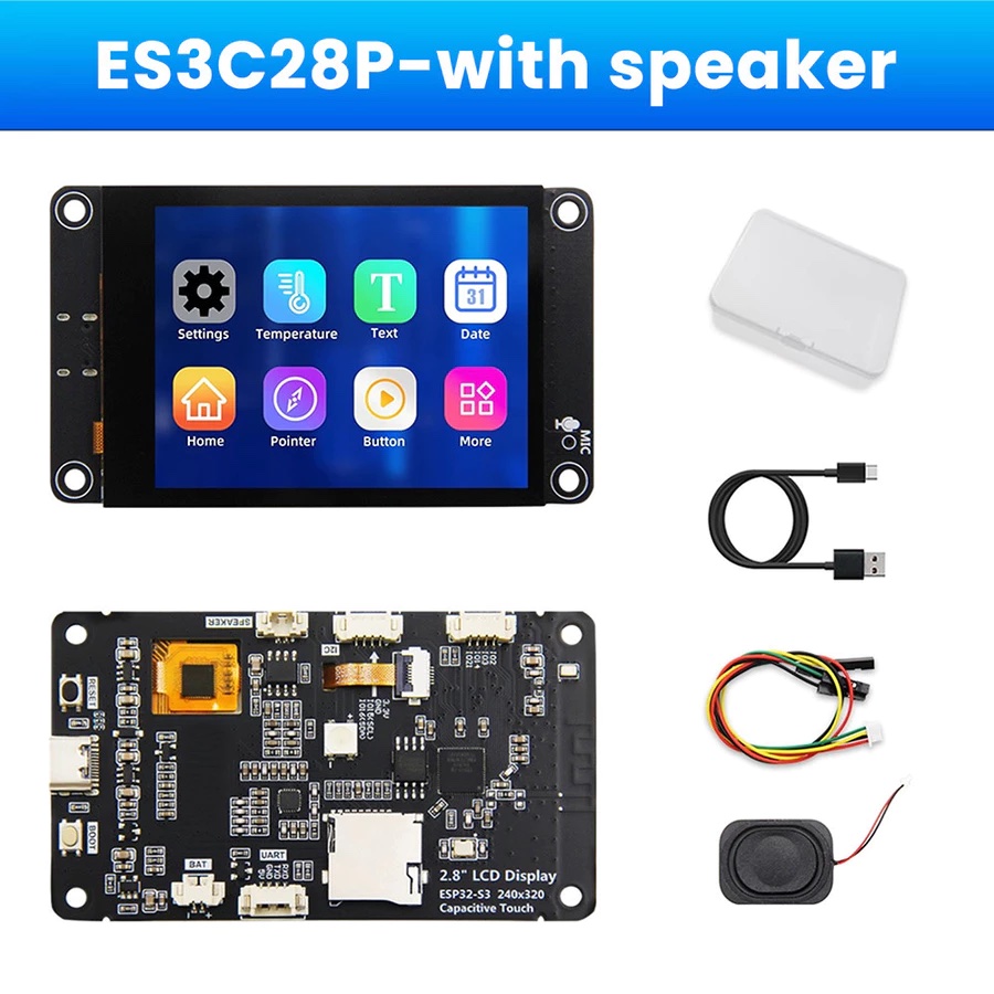 Bo mạch LCDwiki ES3C28P, mặt trước có màn hình và mặt sau, kèm cáp USB-C